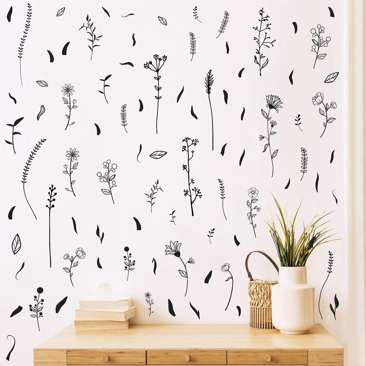 Floral Leaf Wall Decals Wildflower Wall Stickers Bouquet Botanical Plant Leaves Wall / Black