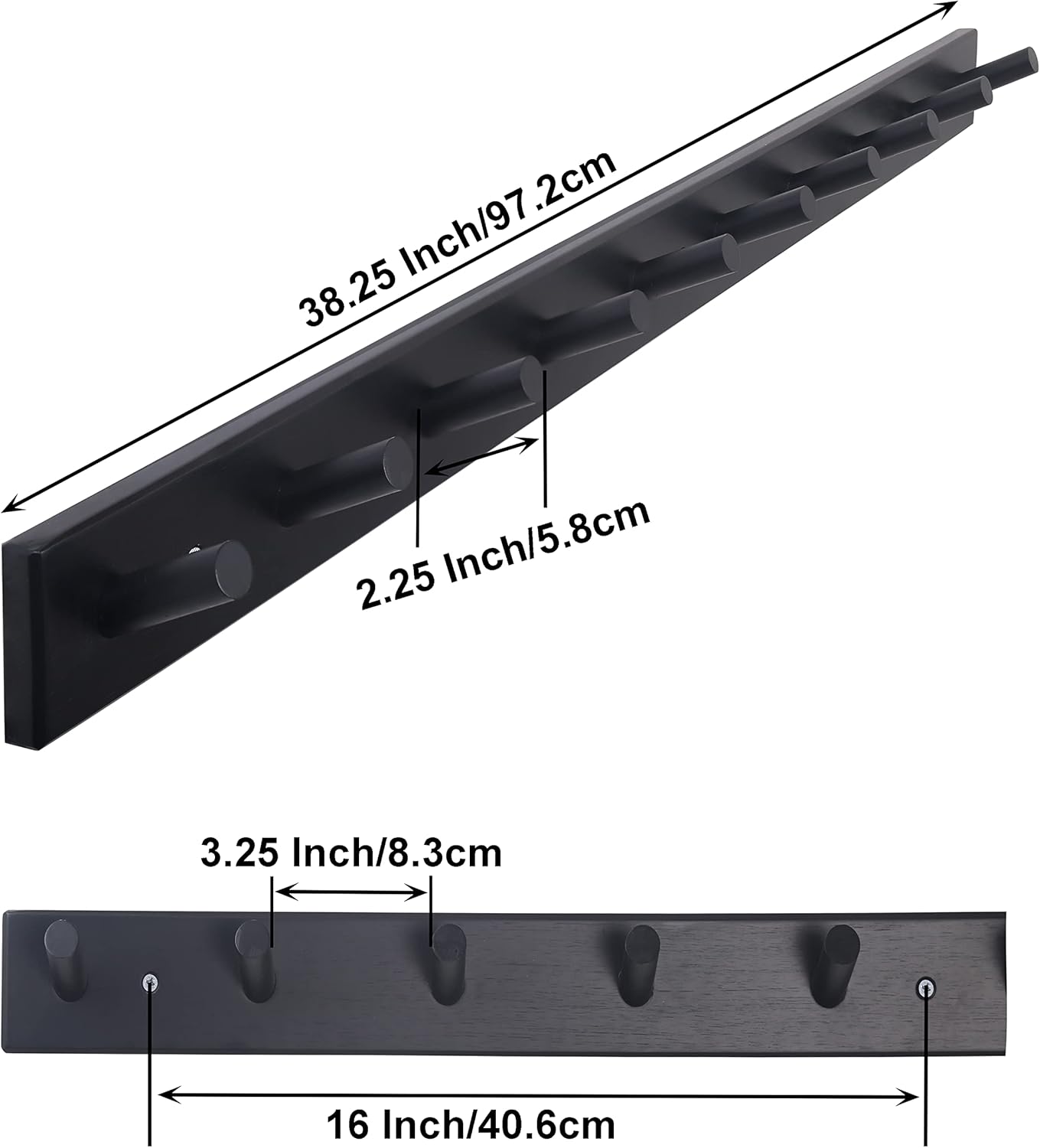 SKOLOO Wall Mounted Coat Rack 38", 10 Hooks, Bamboo, Shaker Style, Black | Wood wall hooks, painted finish, 100-lb cap