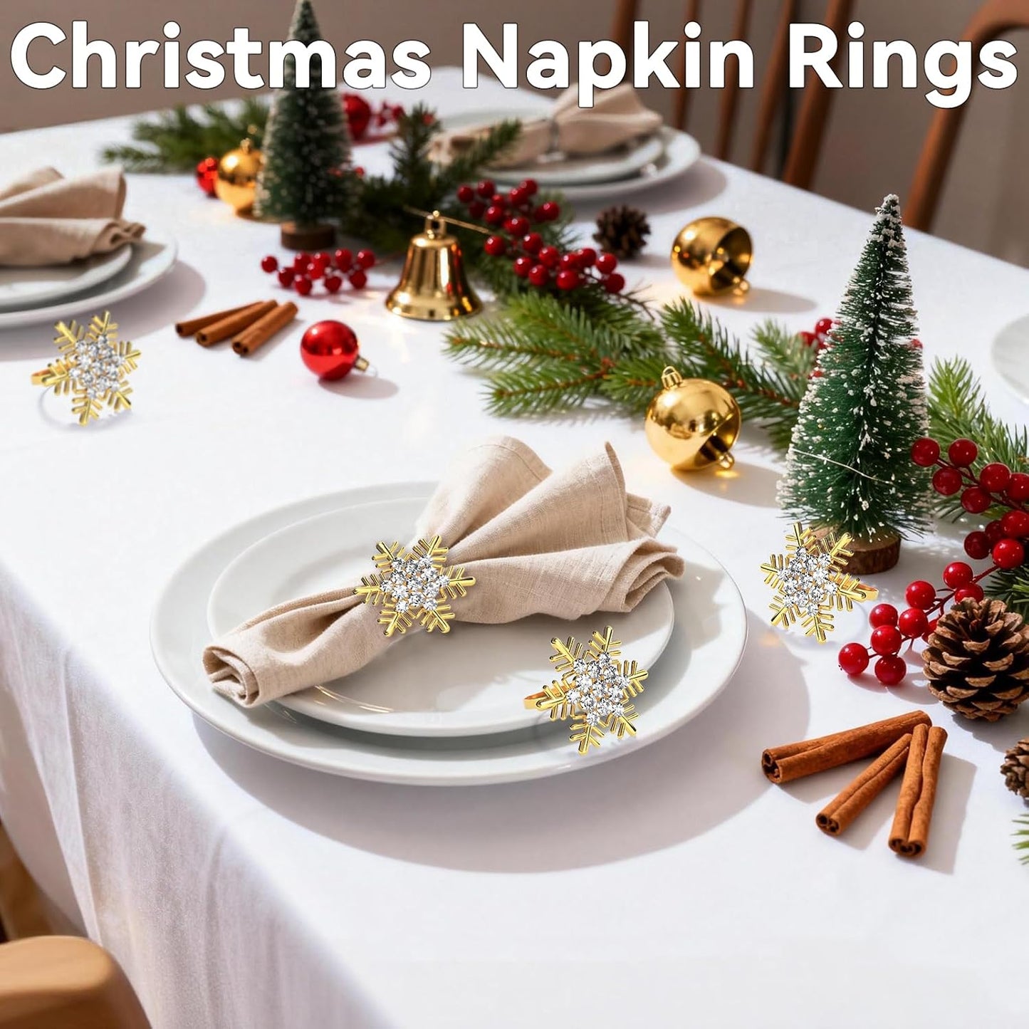 Christmas Gold Snowflake Napkin Rings Set of 24, Napkins Ring for Dinning Table - Rustic Dinner Tables Decoration for