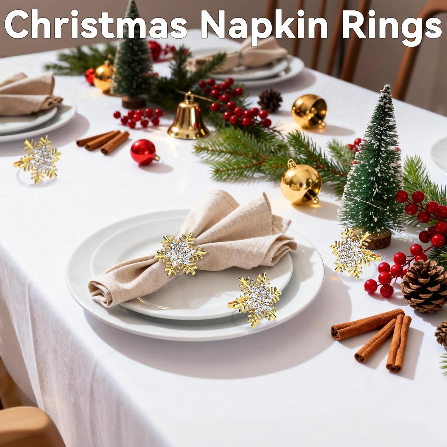 Christmas Gold Snowflake Napkin Rings Set of 24, Napkins Ring for Dinning Table - Rustic Dinner Tables Decoration for
