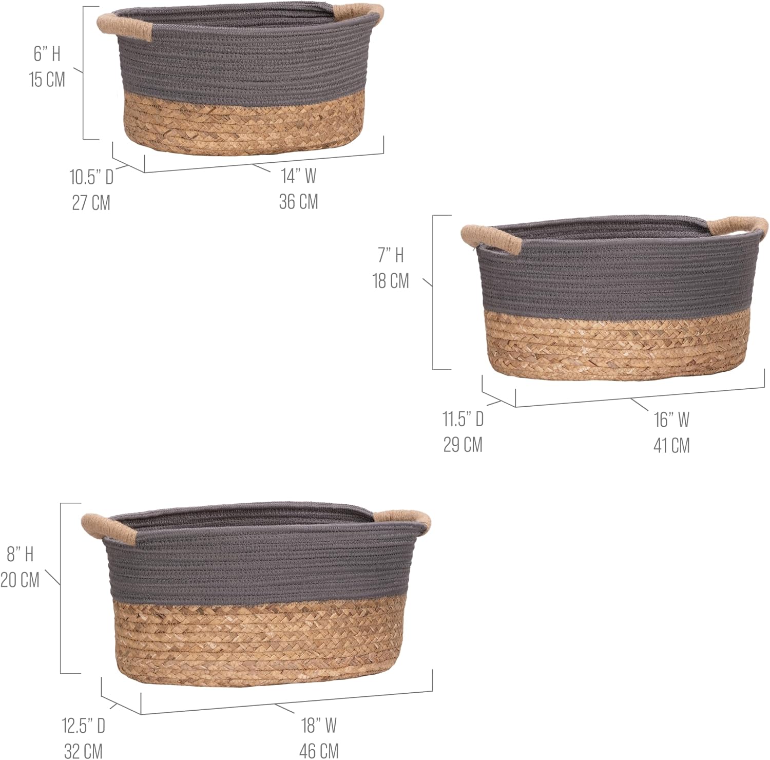 Natural Handwoven Portable Laundry Bin Basket / Gray / 3 Piece Set