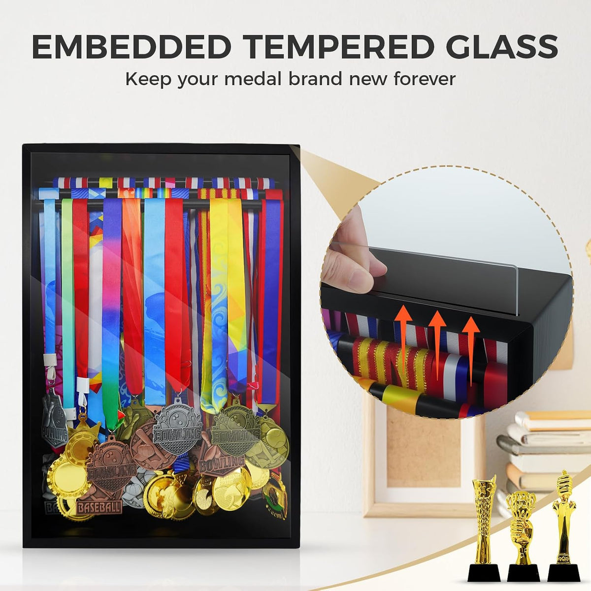 Medal Hanger Display Case, Holds 60+ Medals, HD Tempered Glass | Solid Wood Dust-Proof 22"x15" Wall Mount medal holder