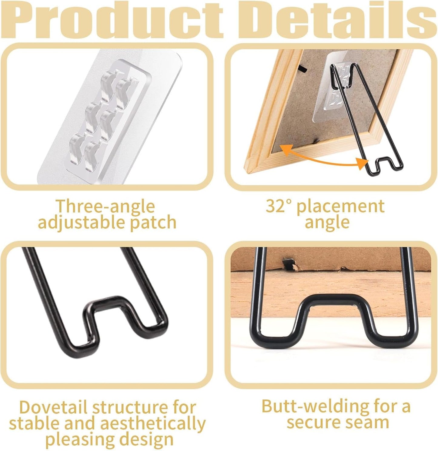 Stainless Steel Picture Frame Easel Backs Self-Adhesive / Black / Medium Size / Set of 6