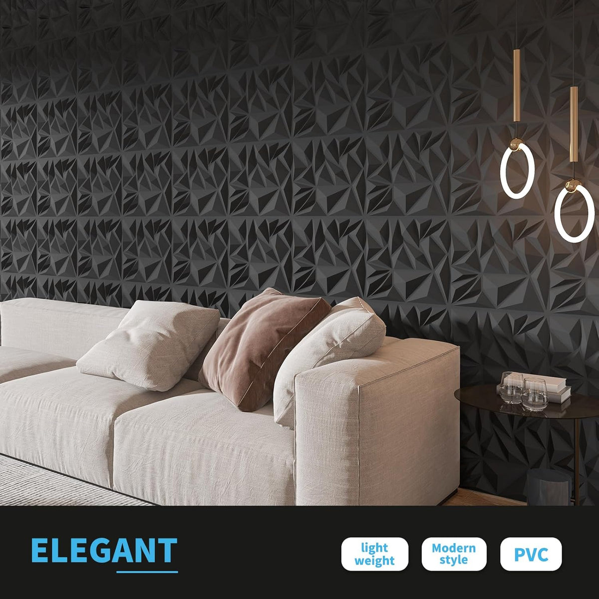 Art3d 50-Pack Modern Diamond Textured 3D Wall Panels, 12 x 12 in, Black | Light PVC, Waterproof, Scratch Proof