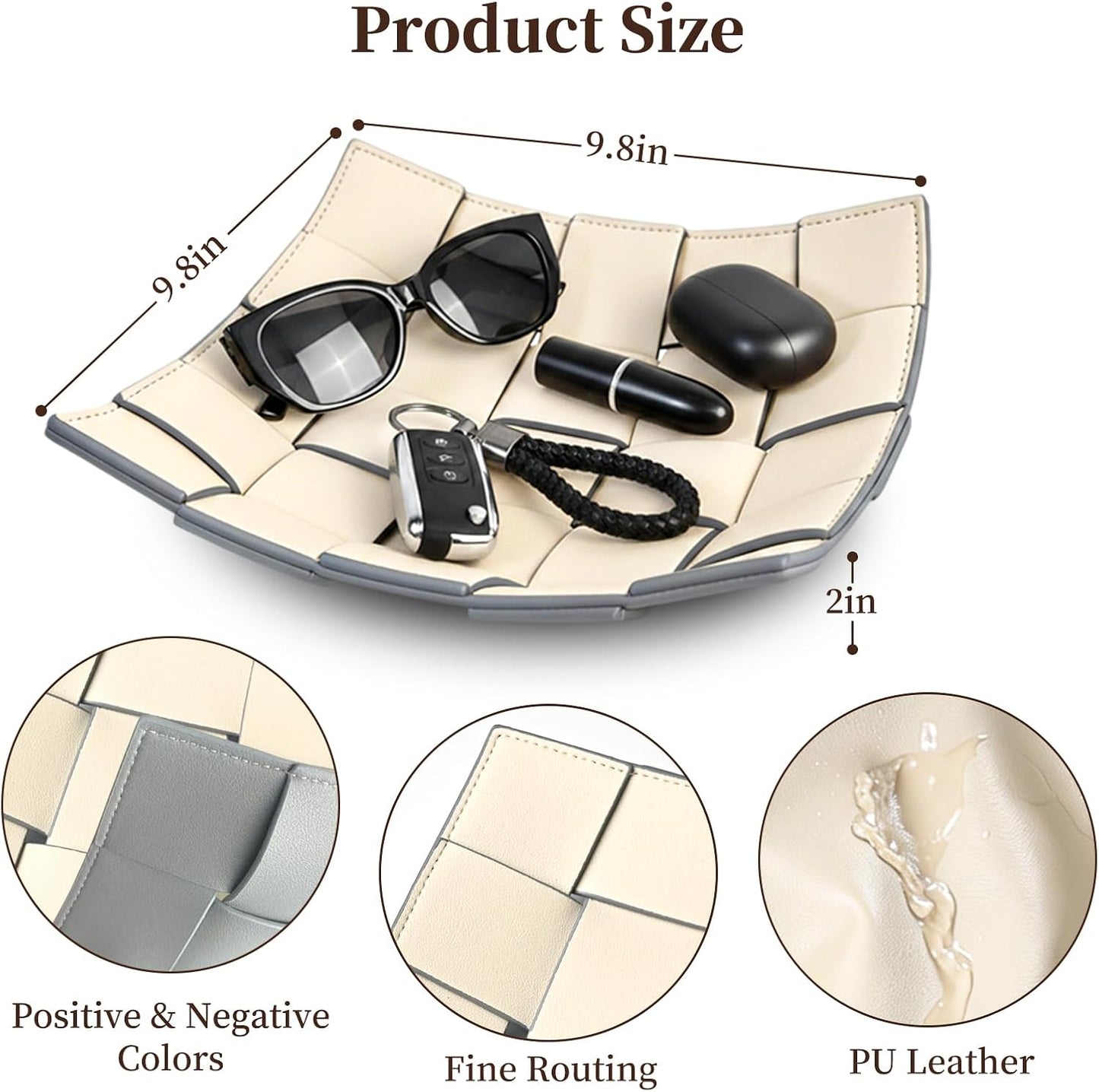 Valet Tray PU Leather Key Holder Bowl for Women and Men Entryway Table Nightstand / Beige + Gray