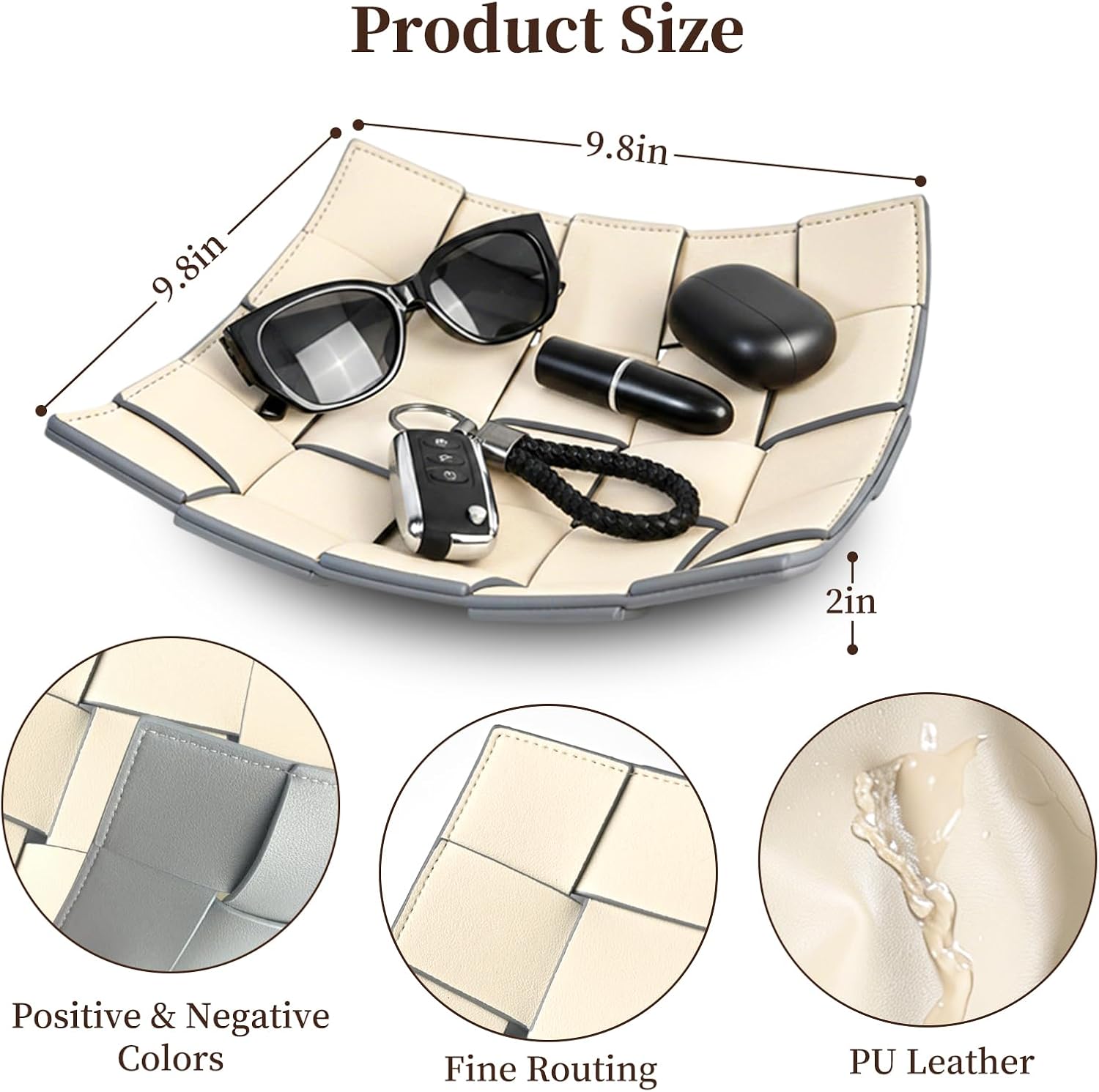 Valet Tray PU Leather Key Holder Bowl for Women and Men Entryway Table Nightstand / Beige + Gray