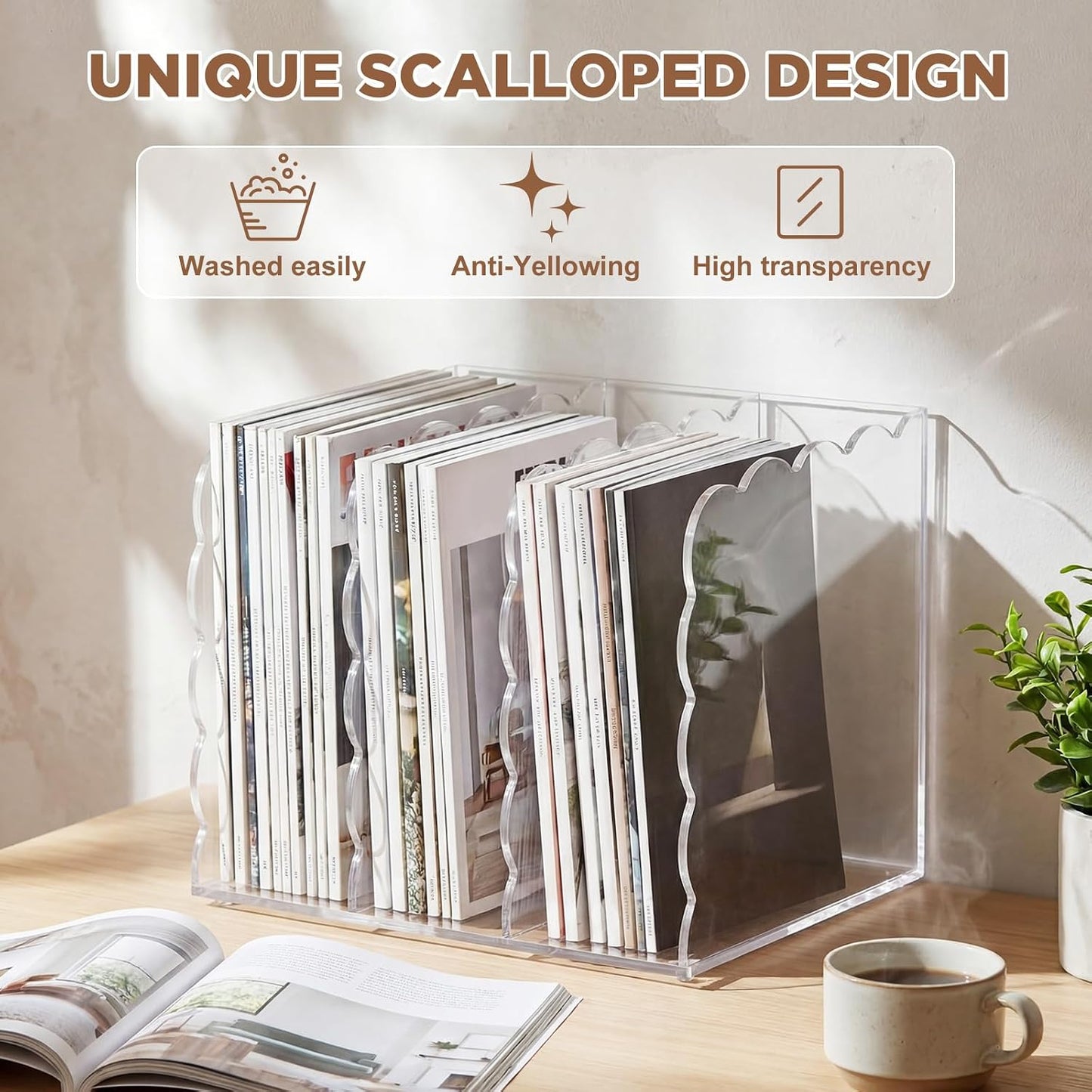 Scalloped Magazine File Holder / Acrylic / 8.46 x 7.28 x 6.5 / Standard Style / Clear