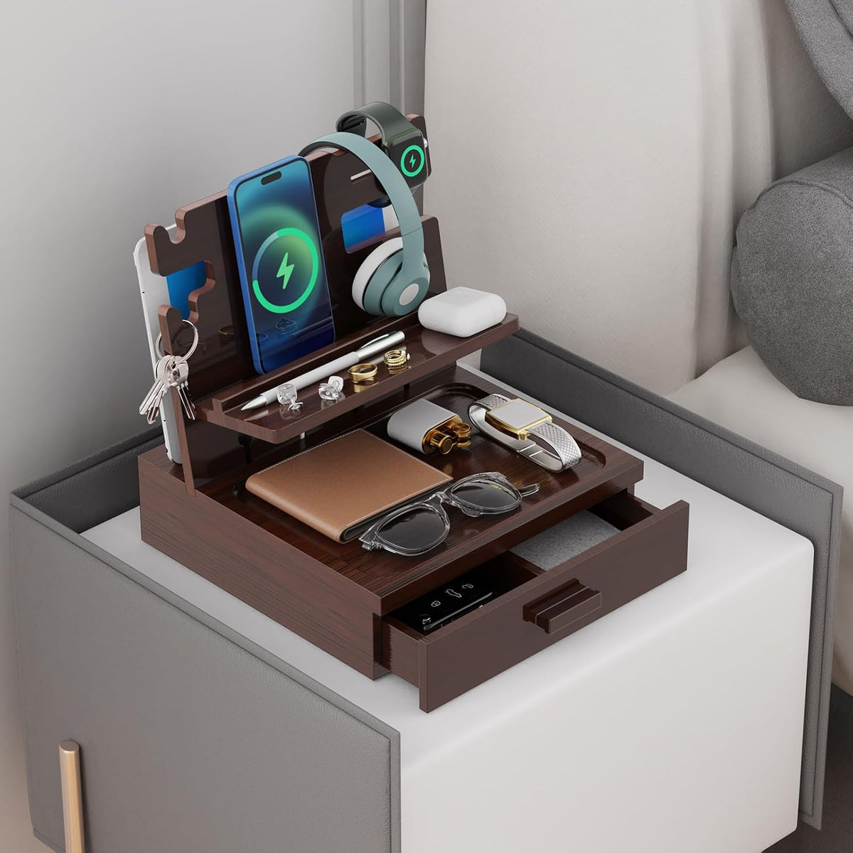 Nightstand Organizer for Men with Drawer, Wood Docking Station (Brown) | Wood Docking Station with USB Ports and AC
