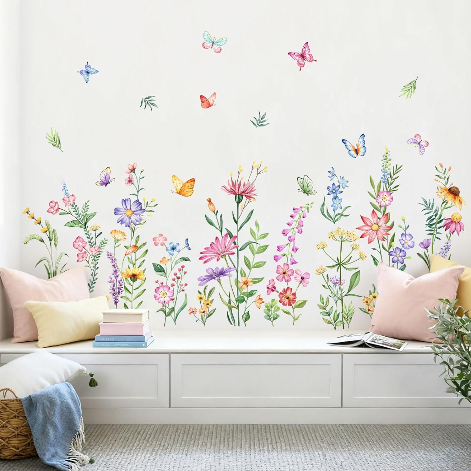 Flower Wall Decals Watercolor Wildflower Grass Butterflies Wall Stickers Peel / Retro Wildflower