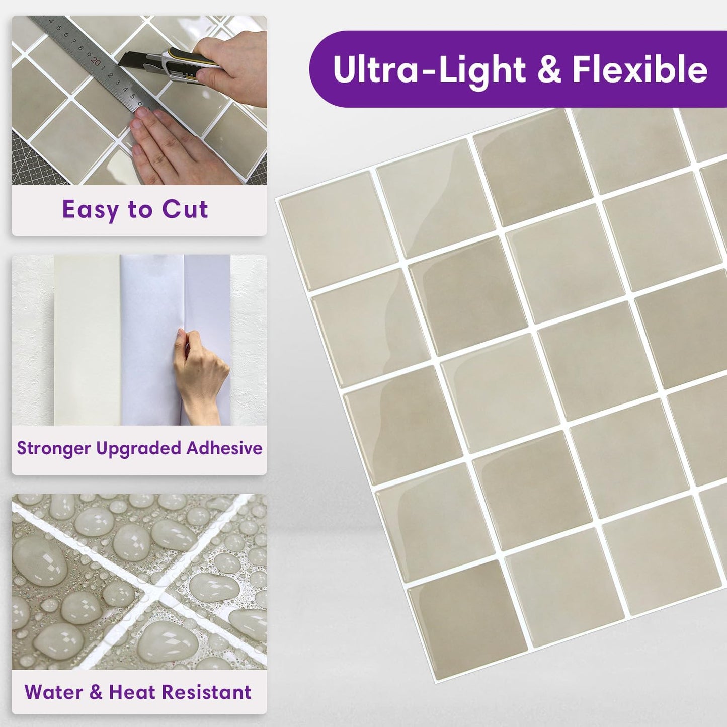 3D Adhesive Glossy Square Panels Stick / ST-SM-E / Brown / 12 x 12 / Set of 10