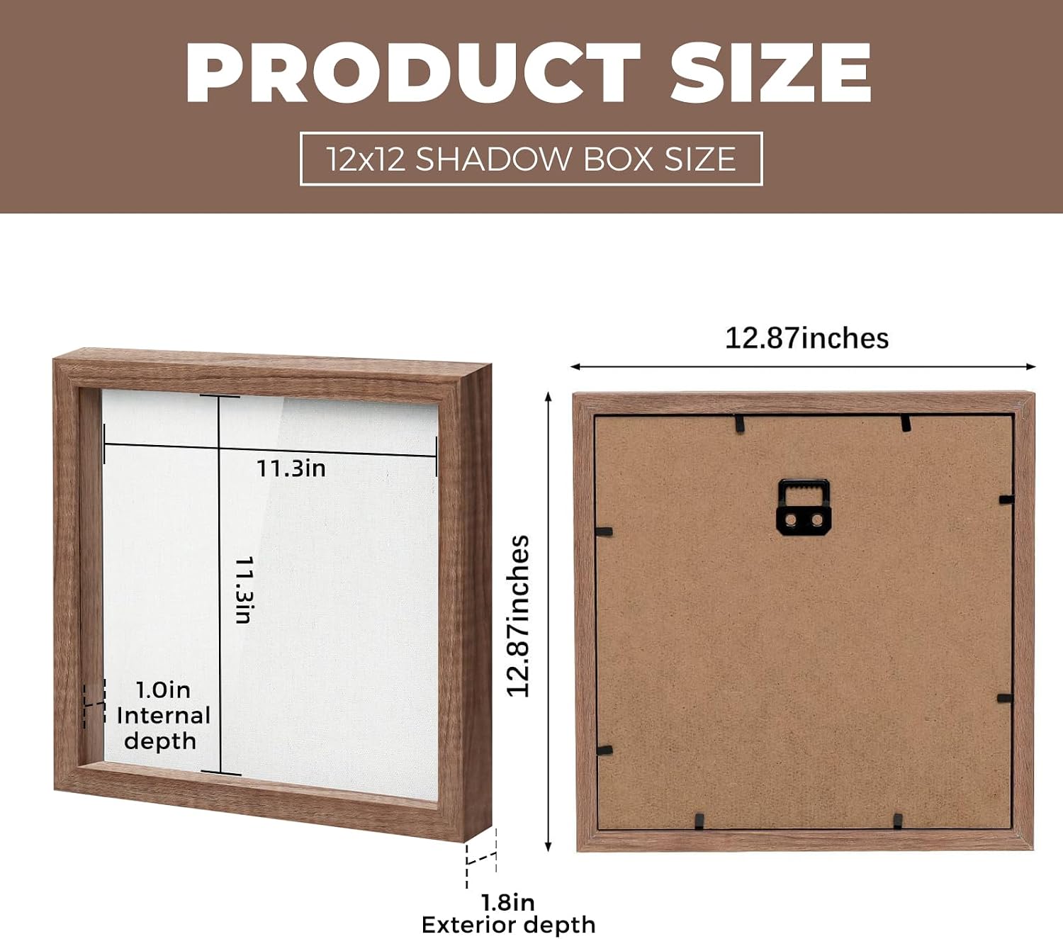 Muzilife 12x12 Shadow Box Picture Frame with Linen Board - Deep Wood & Glass Display Rustic Case Ready to Hang