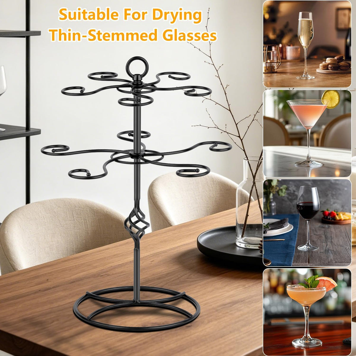 QPIX DIGITAL Wine Glass Rack 2 Tier 10 Holders Wine Glasses Stand, Black Champagne Tower Stand Countertop Tabletop