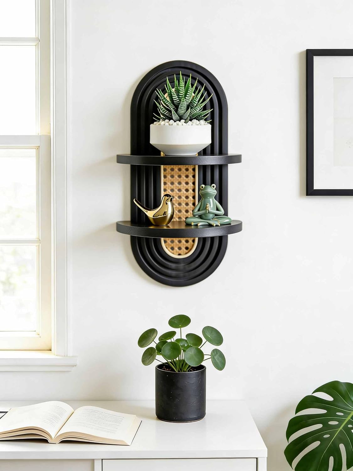2-Tier Woven Rattan Floating Shelves / Black