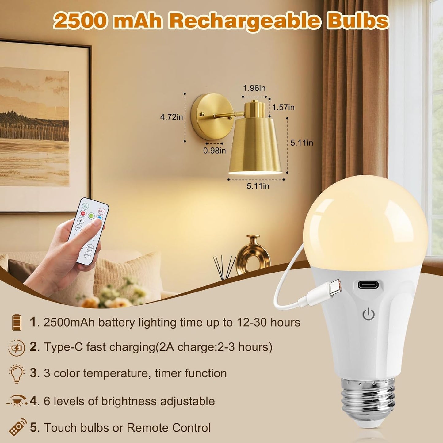 Gold Battery Operated Wall Sconces Set of Two with Remote, Rechargeable Battery Powered Wall Lights, 3 Color