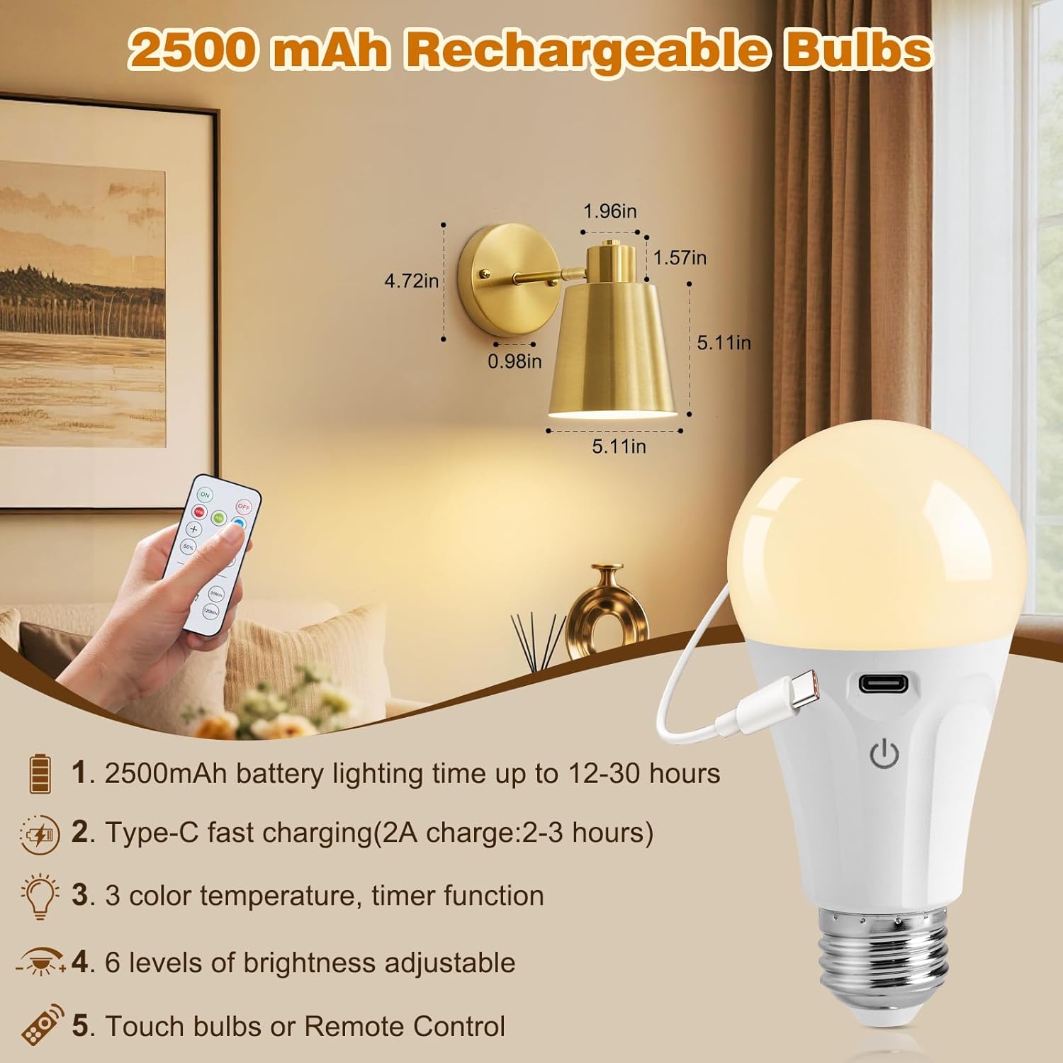 Gold Battery Operated Wall Sconces Set of Two with Remote, Rechargeable Battery Powered Wall Lights, 3 Color
