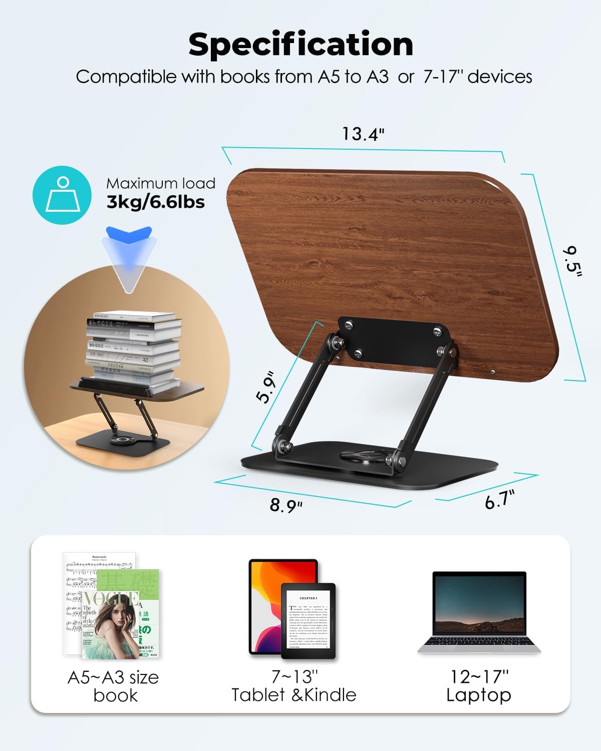Viozon Book Stand for Reading,Book Holder, Height&Angle Adjustable, 360° Rotating Base, Foldable and Portable