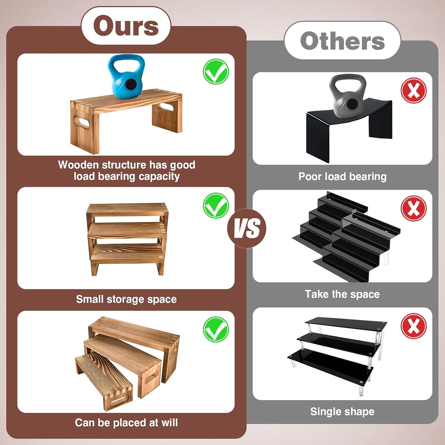Wood Risers Display Stands / 7 x 8 x 9 / Brown / Set of 6