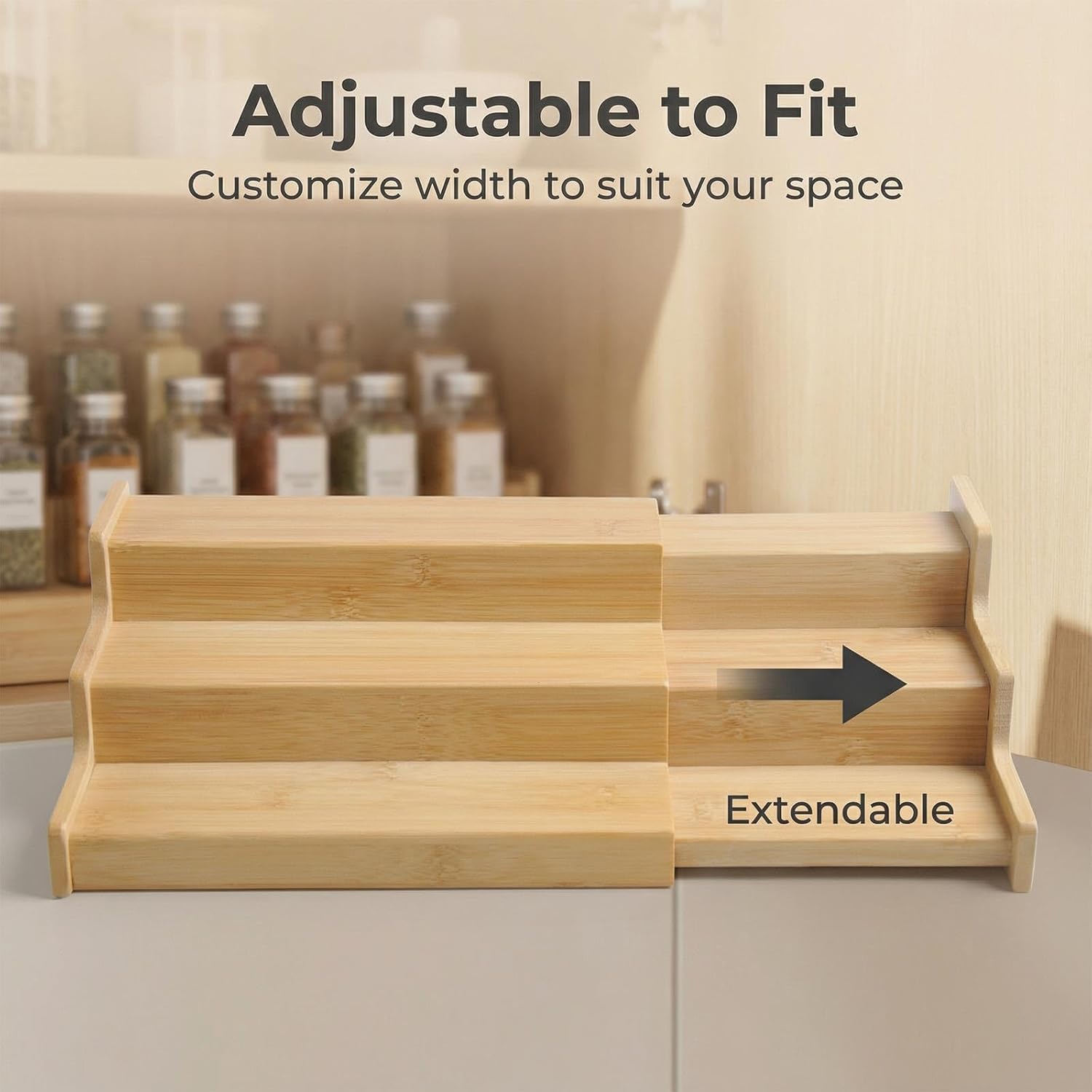 JinDoWin Spice Rack Organizer for Cabinets,Countertop & Pantries,2 Pack | Expandable design, 3-Tier stepped bamboo