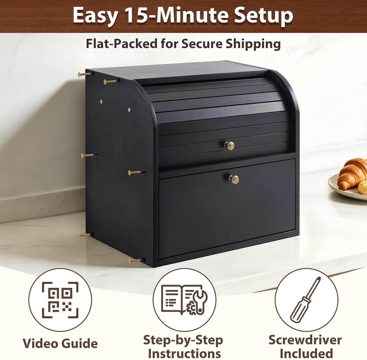 Sunhoo Wooden Bread Box for Kitchen Countertop, Roll Top Breadbox, Black | Large Double Layer Pantry Container, Solid