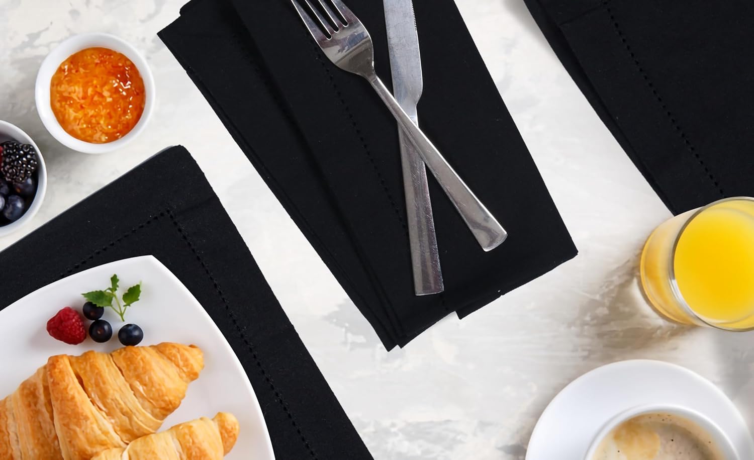 Bedding Craft Cloth Dinner Napkins Set of 12 – 18x18 Jet Black Linen-Look Hemstitched – Reusable Machine Washable