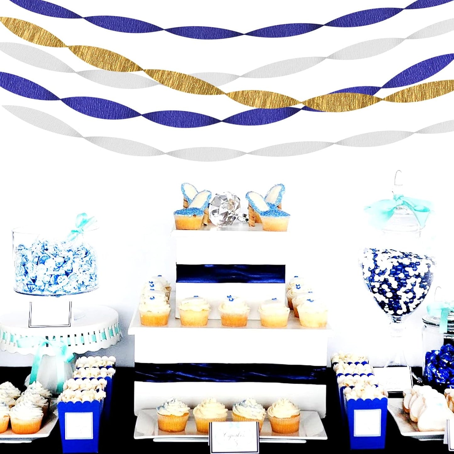 Navy-Blue White-Gold Crepe Paper Streamers / Navy Blue White Gold