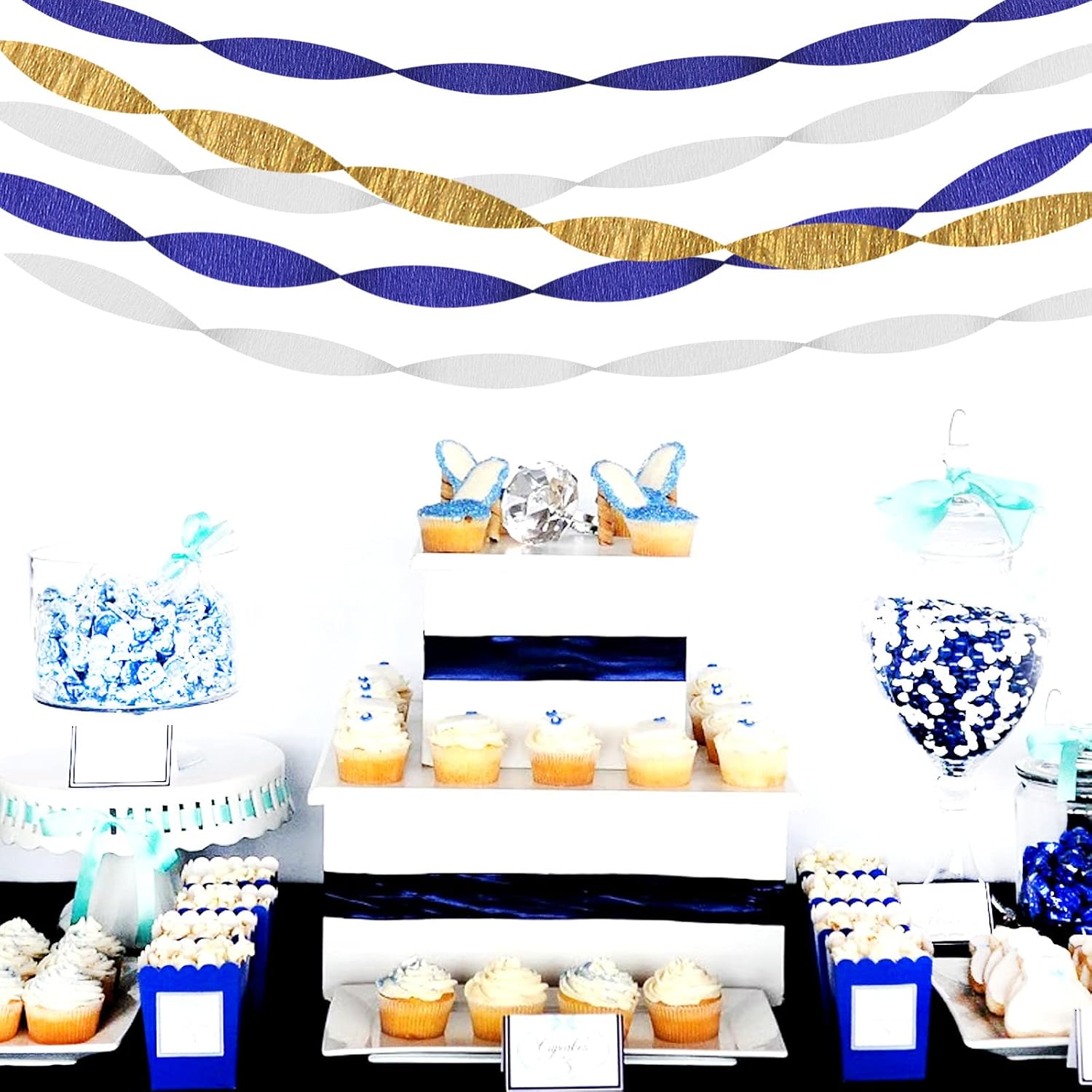 Navy-Blue White-Gold Crepe Paper Streamers / Navy Blue White Gold