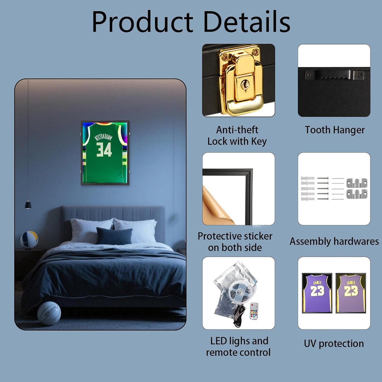 IHEIPYE LED Jersey Frame Display Case - Shadow Box with LED Light - Black Lock, UV Resistant Acrylic Wall Mount Display