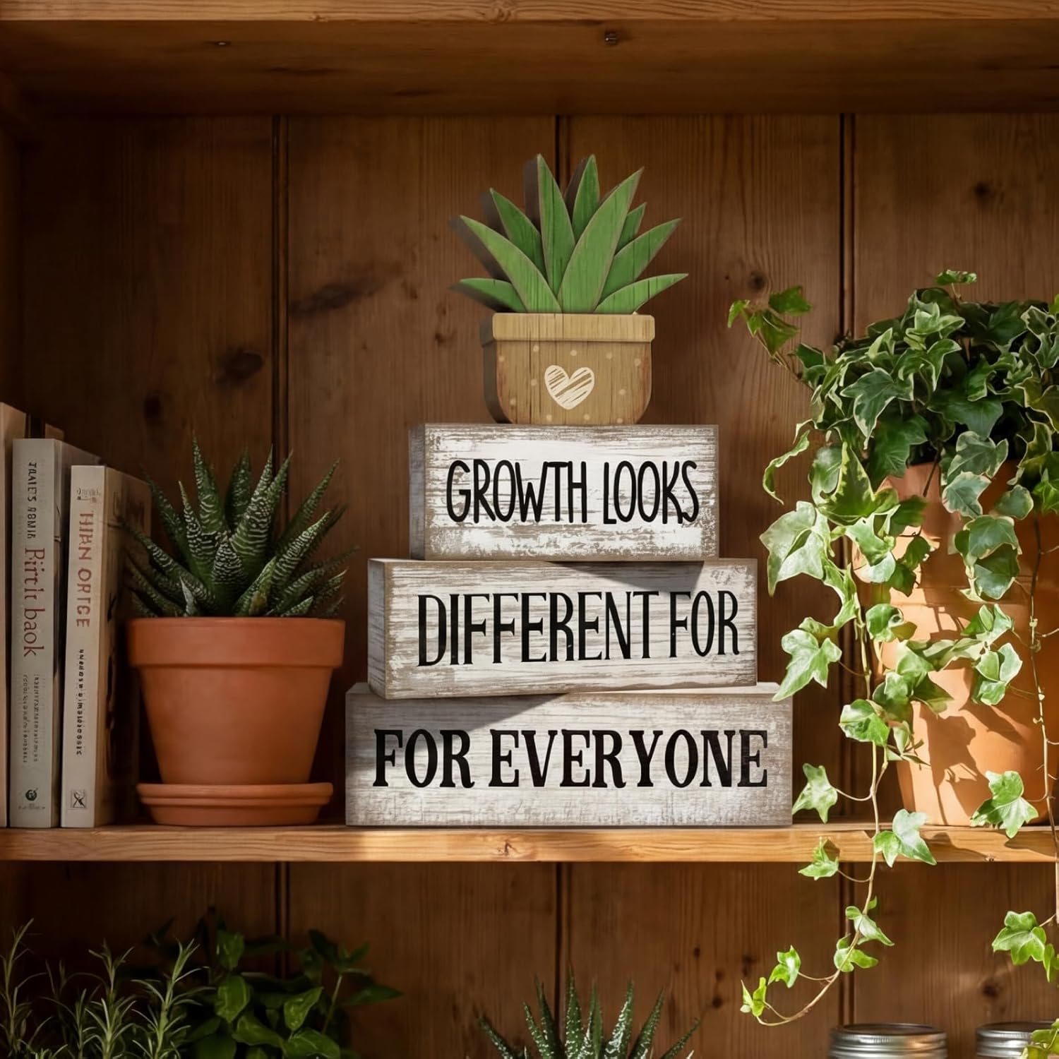 Inspirational Farmhouse Table Decor Rustic Stacked / Growth Looks Different for Everyone / Set of 4