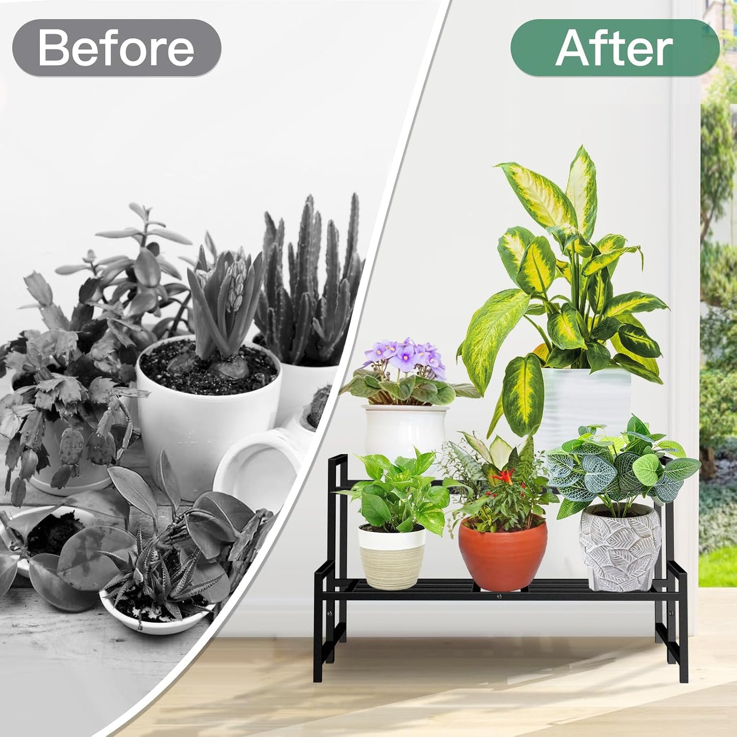 Plant Stand Indoor Outdoor, 2-Tier Stackable Wrought Iron Plant Stands | Metal Plant Shelf Decorative Outdoor Flower