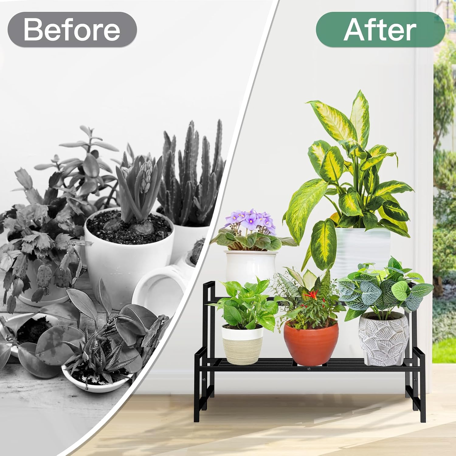 Plant Stand Indoor Outdoor, 2-Tier Stackable Wrought Iron Plant Stands | Metal Plant Shelf Decorative Outdoor Flower