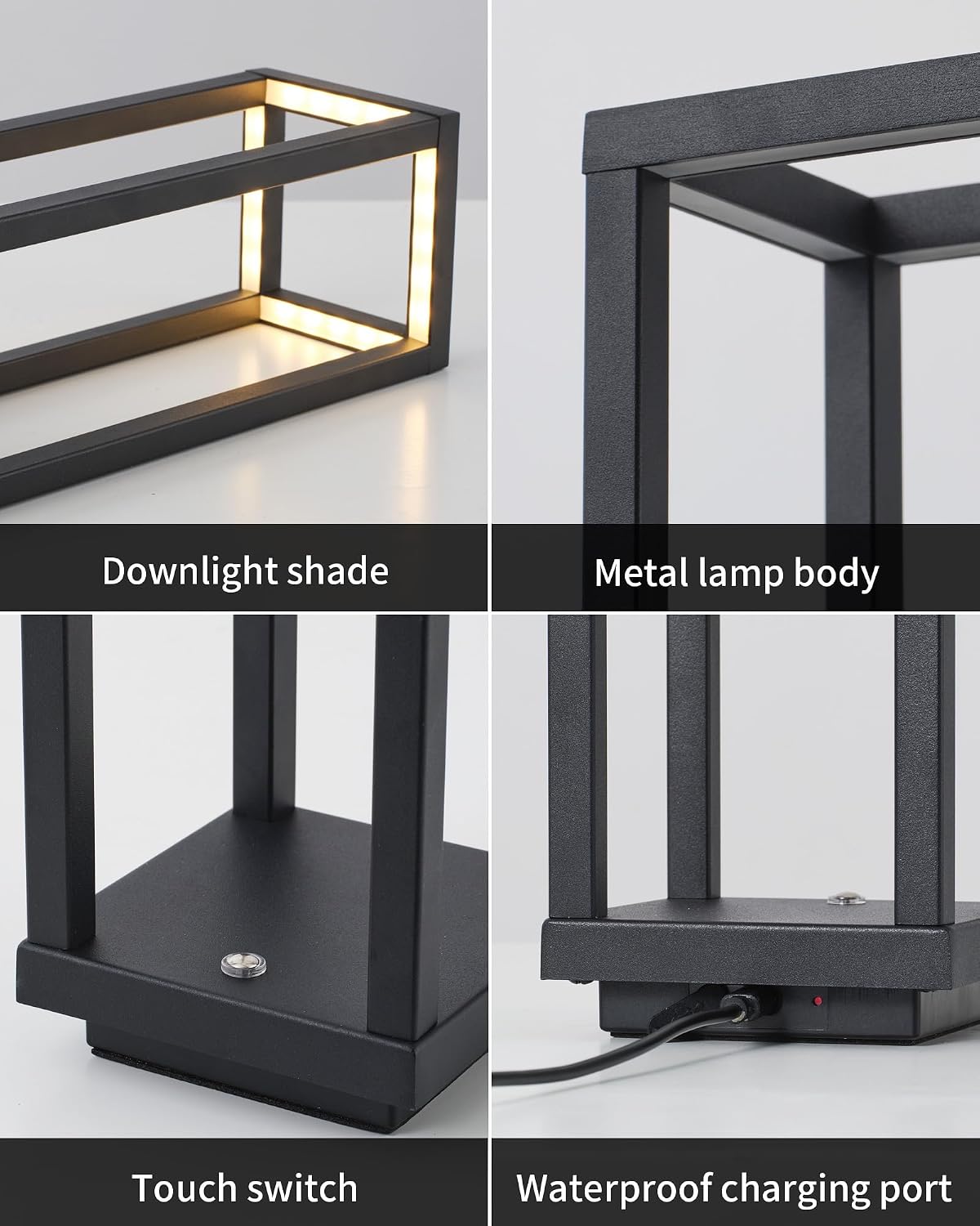 PUSU Cordless Waterproof Table Lamps Set of 2, Black LED Outdoor Desk Lamp | Rechargeable 4000mAh Battery Operated