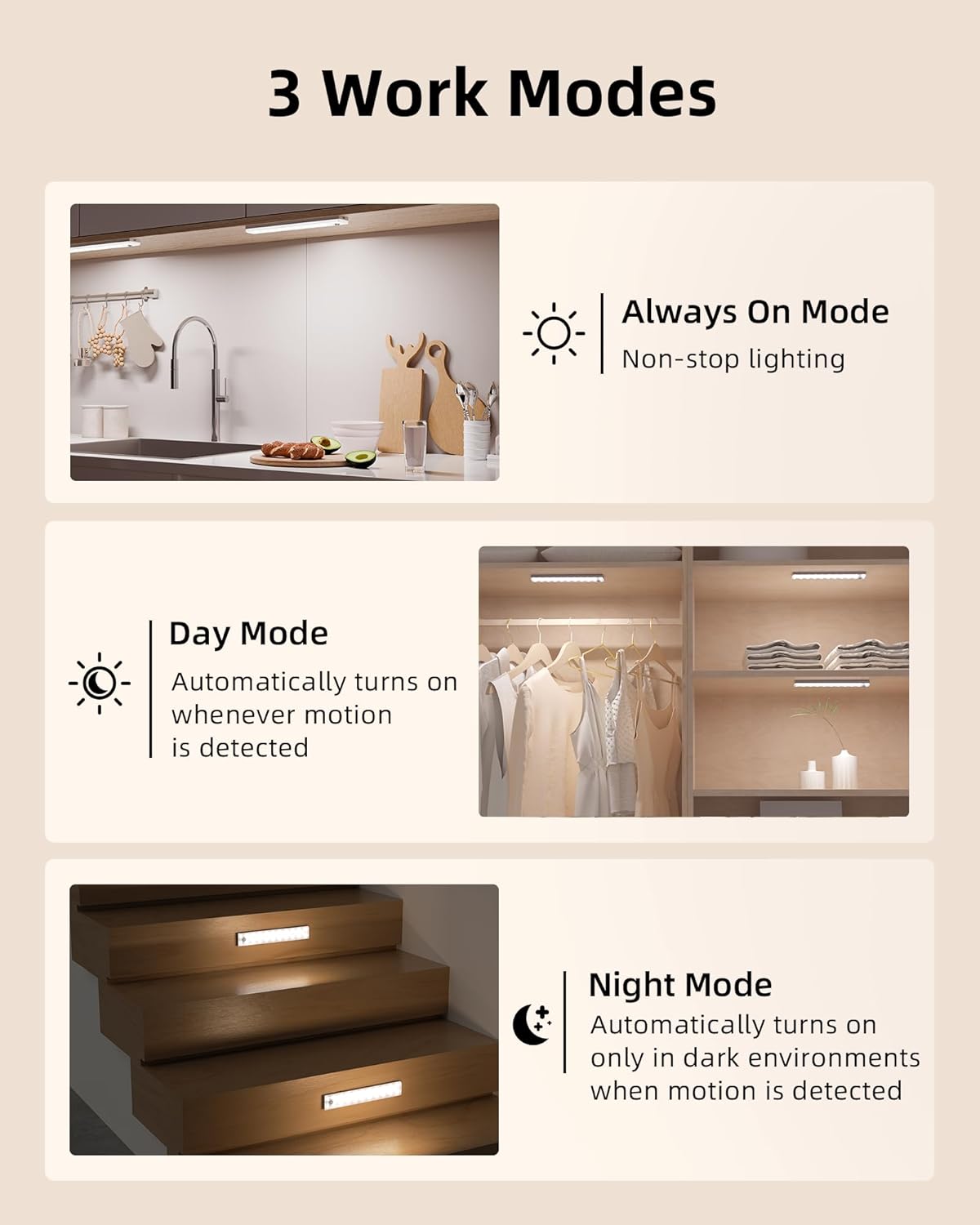 EZVALO 3-Pack Under Cabinet Lighting with Charging Station, 1800mAh Rechargeable Wireless Motion Sensor Lights, 3 Color