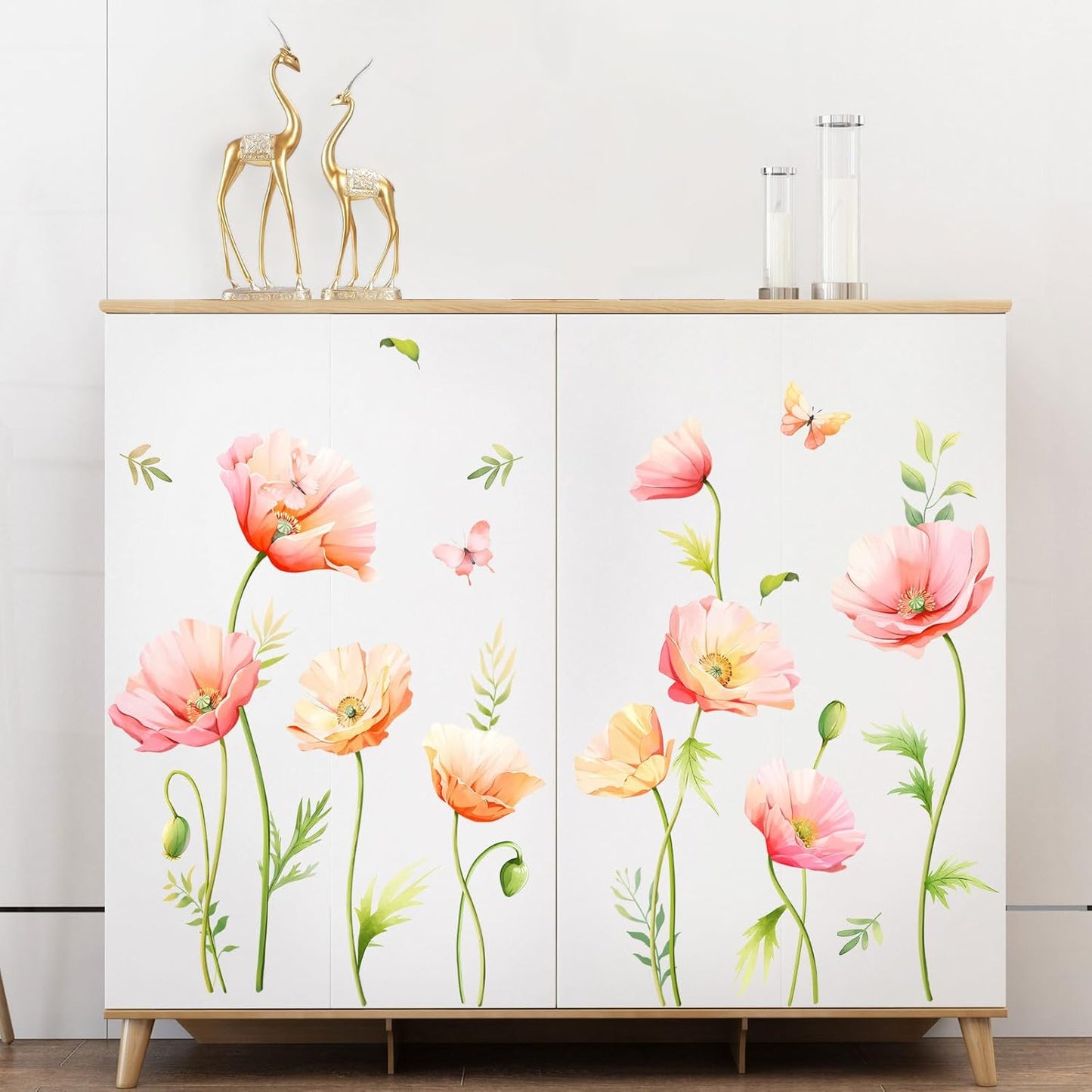 Large Floral Wall Decals Butterfly Wall Stickers Peel and Stick Autumn Floral / Poppy Flower / Pink