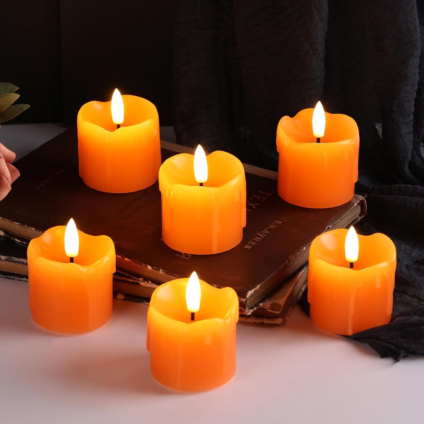 Orange Dripping Wax Flameless Votive Candles with Remote Batteries | Halloween Fall LED Candles, 2x2 inch Battery