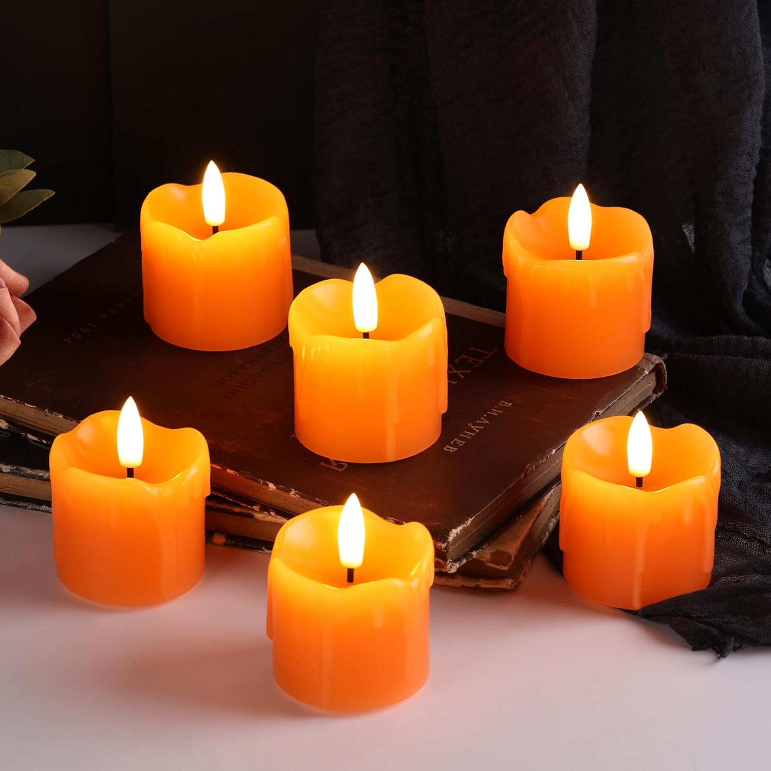 Orange Dripping Wax Flameless Votive Candles with Remote Batteries | Halloween Fall LED Candles, 2x2 inch Battery
