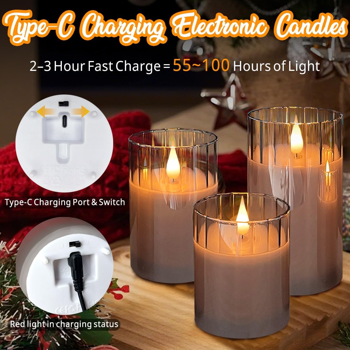 LEDHOLYT Rechargeable Flameless Candle, Flashing LED Pillar Real Wax Candle with Remote Control and Timer, Grey Stripes