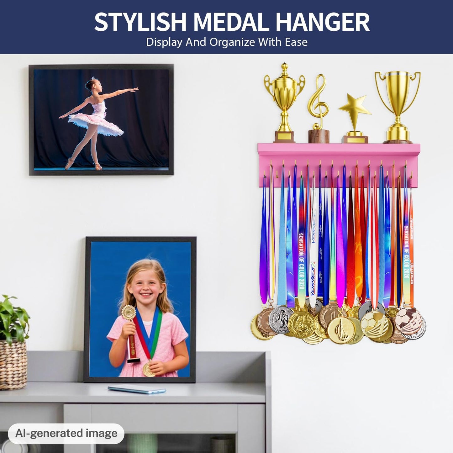 Medal Holder Display Trophy Shelf Organizer, Sturdy Wooden Race Award Hanger Rack with 25 Steel Hooks, Wall Mount