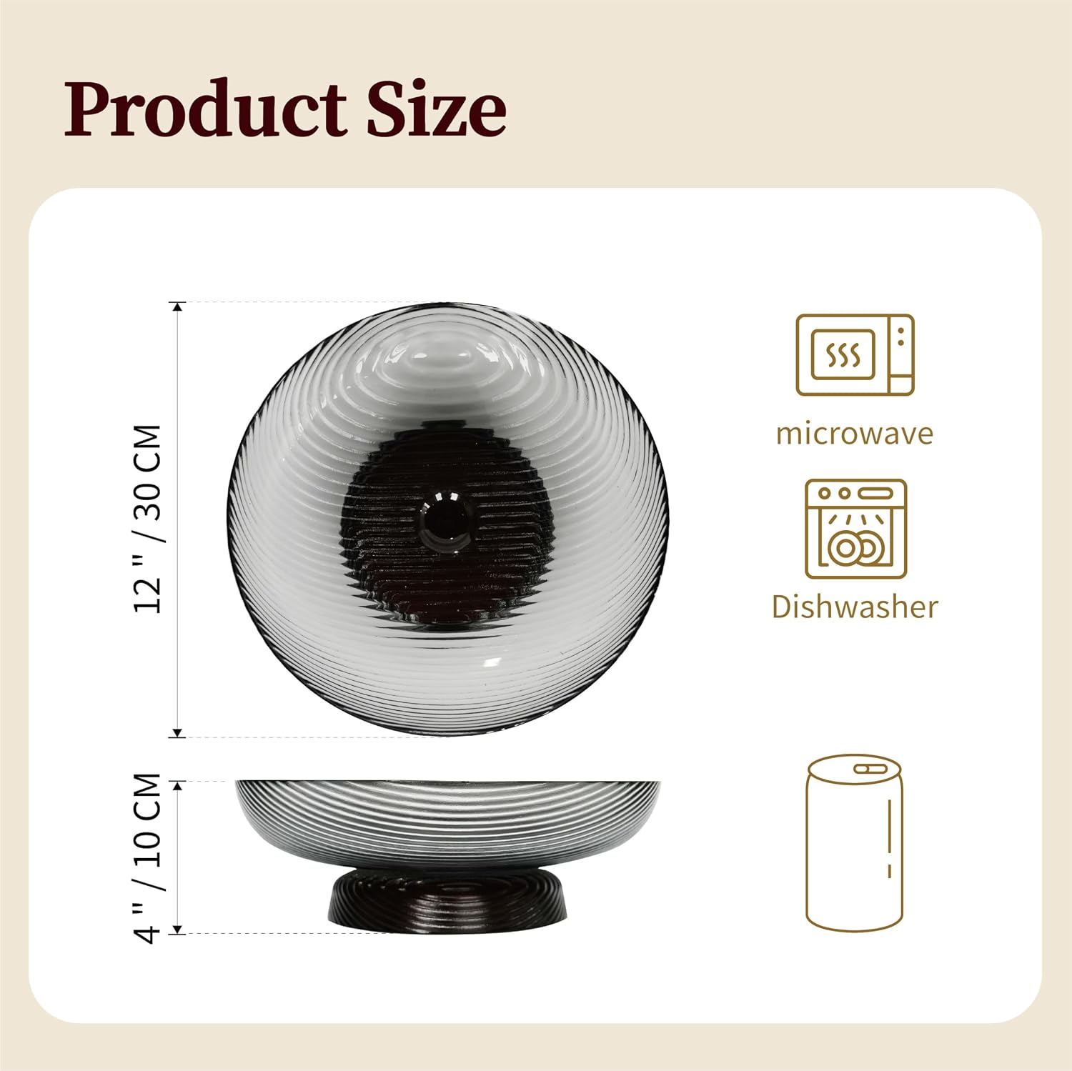 12" Ribbed Pedestal Decorative Bowl / Smoke Grey