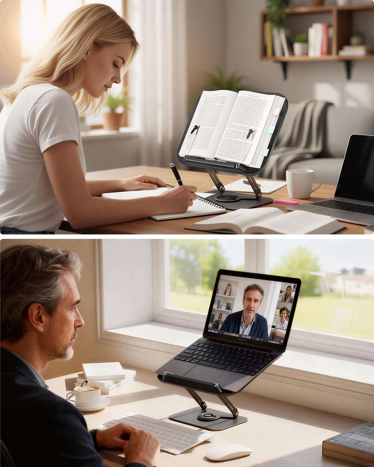 Viozon Book Stand for Reading,Book Holder, Height&Angle Adjustable, 360° Rotating Base, Foldable and Portable