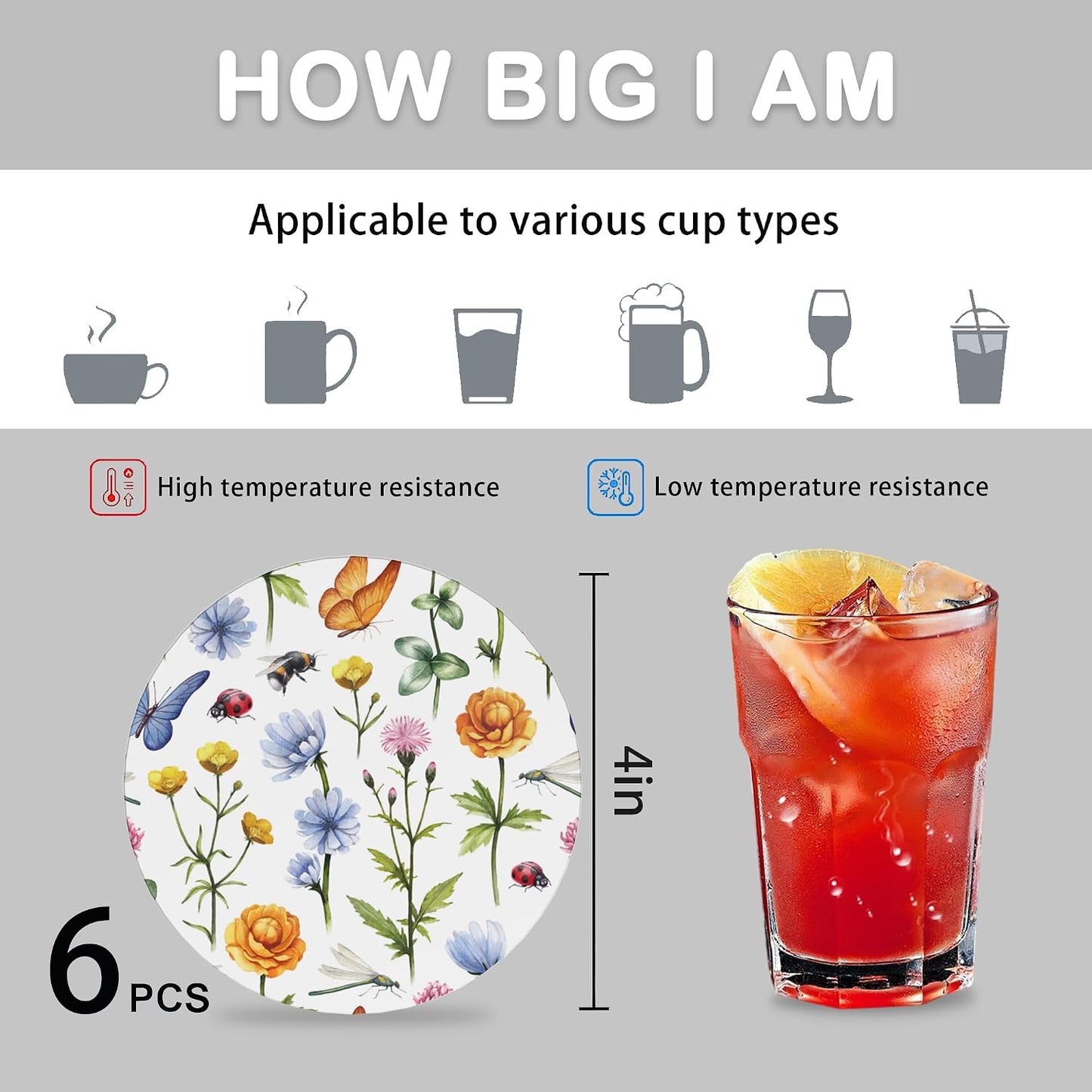 Holder / Absorbent Round Ceramic Coaster for Tabletop Protection / Botanical Flowers / Set of 6