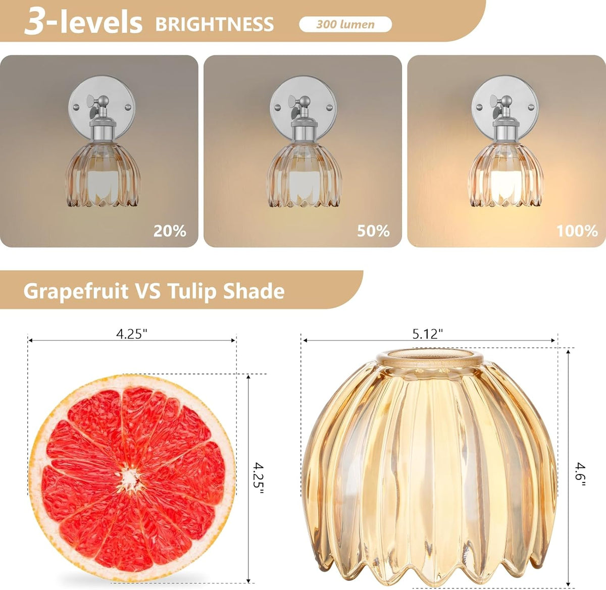 Vintage Battery Operated Wall Sconce, Amber Tulip Glass Lampshade Wireless Rechargeable Battery Powered LED Wall Light