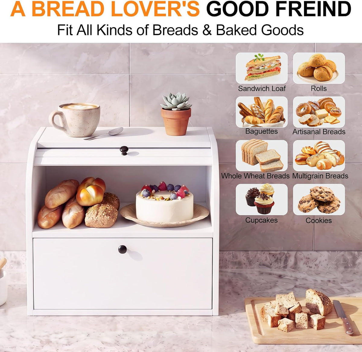 Alpeir Roll Top Bread Box with Cutting Board for Kitchen Countertop, White | Large Breadbox with Ventilation Holes