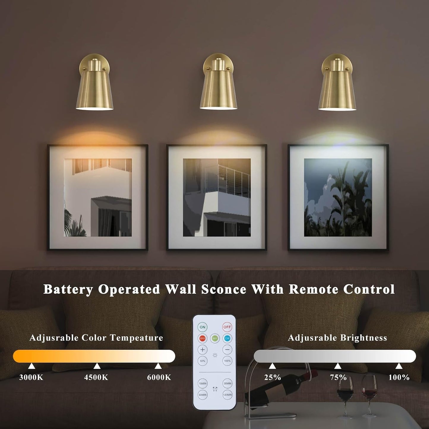Battery Operated Wall Sconce Set of Two,Gold Modern with Remote Control Dimmable Wall Lighting Indoor, Not Hardwired