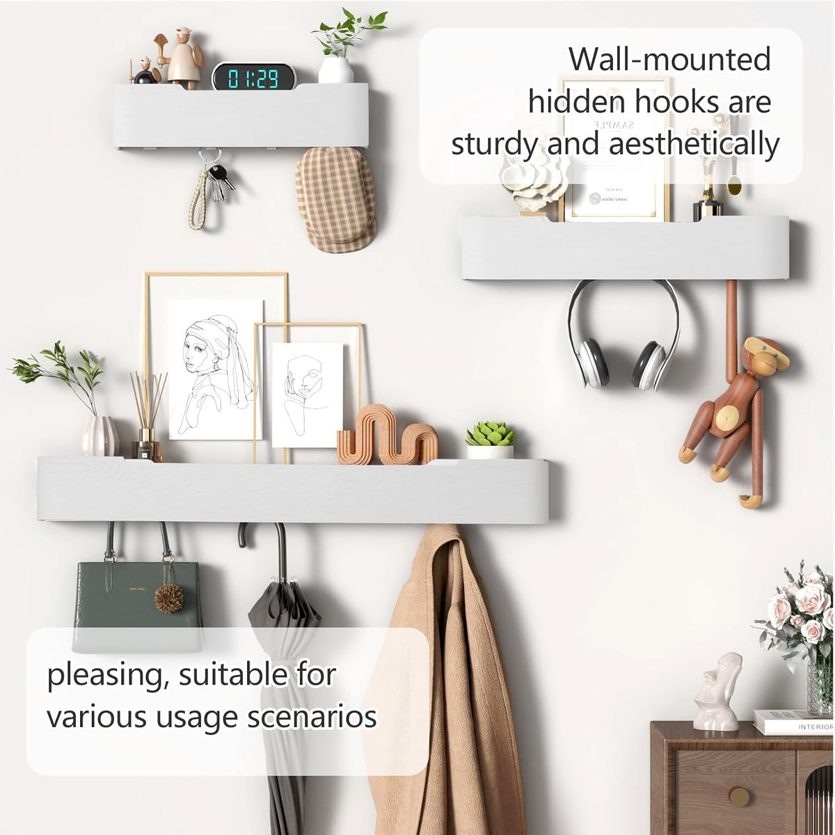 Coat Rack Wall Mount with Hidden Hooks Modern Key Holder Wood Entryway Hook with Shelf for Bedroom Kitchen Hallway