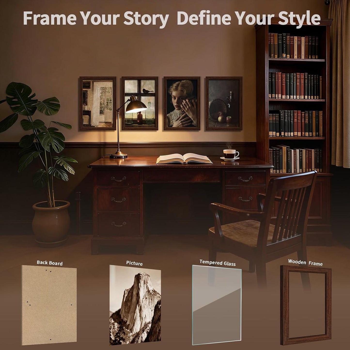 11x17 Picture Frame 4 Pack, Brown Solid Wood, Gallery Wall Hanging | Thick & Wide Border, HD Tempered Glass, Vertical