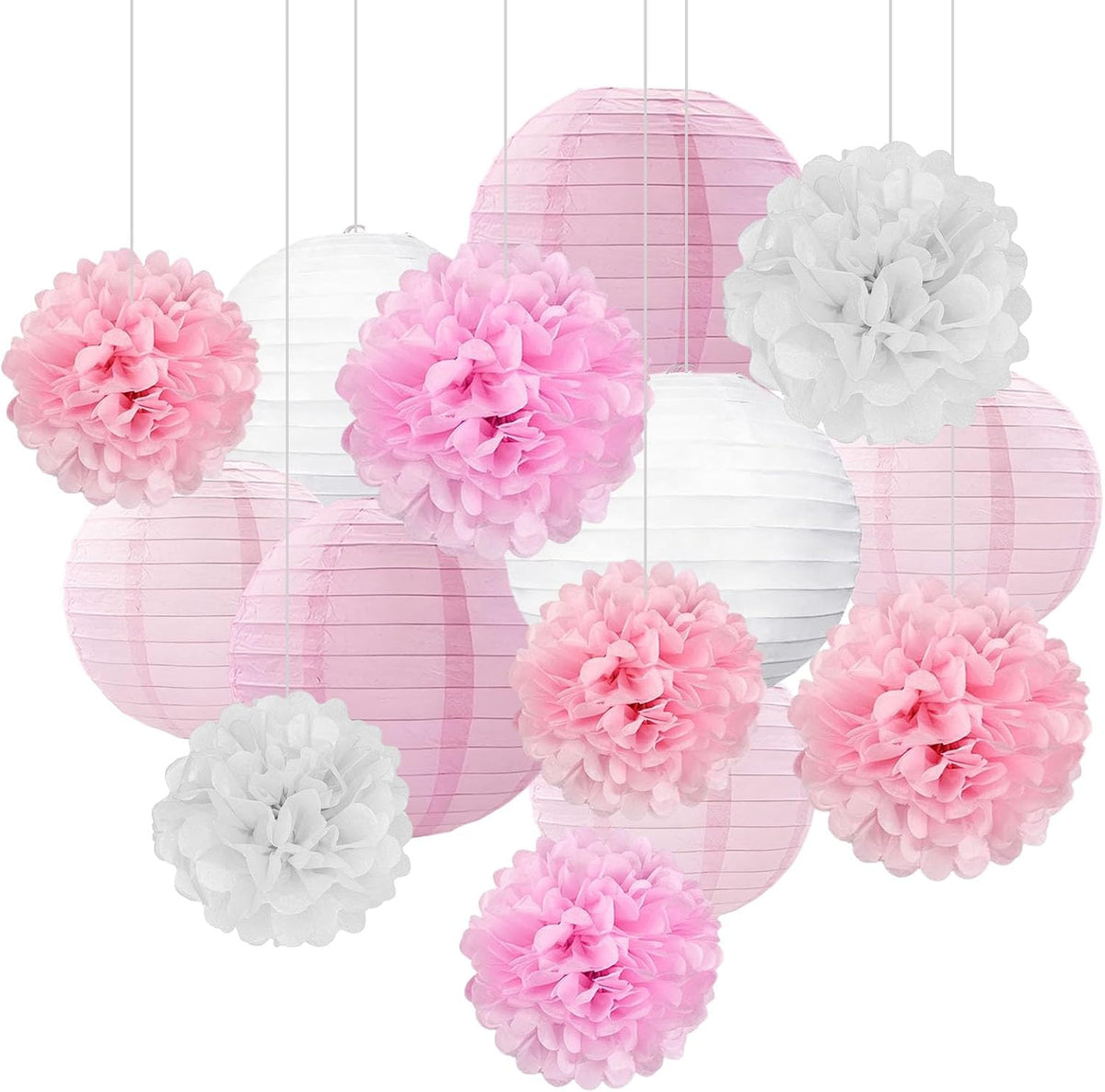 18 PCS Pink White Paper Lanterns & Tissue Paper Pom Poms for Girls Birthday, Baby Shower, Wedding, Bridal Shower, Hanging Paper Decor, Party Decoration Set for Indoor Outdoor Events Party Supplies