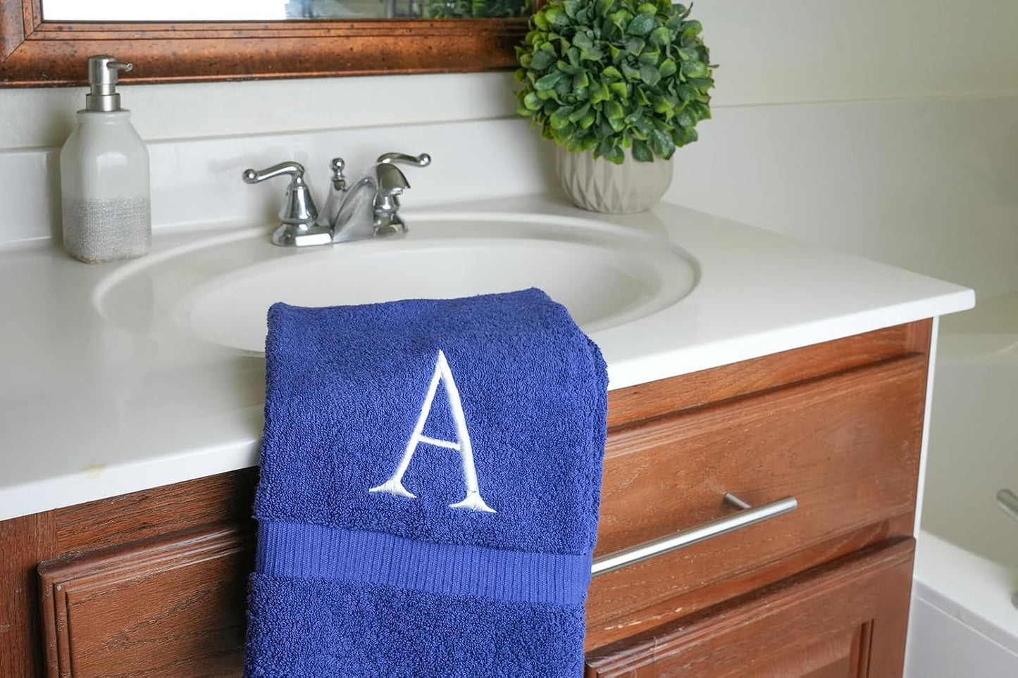 Navy with White Monogrammed Hand Towels for Bathroom - Set of 2 Letter A | Luxury Hotel Quality Initial Towels For