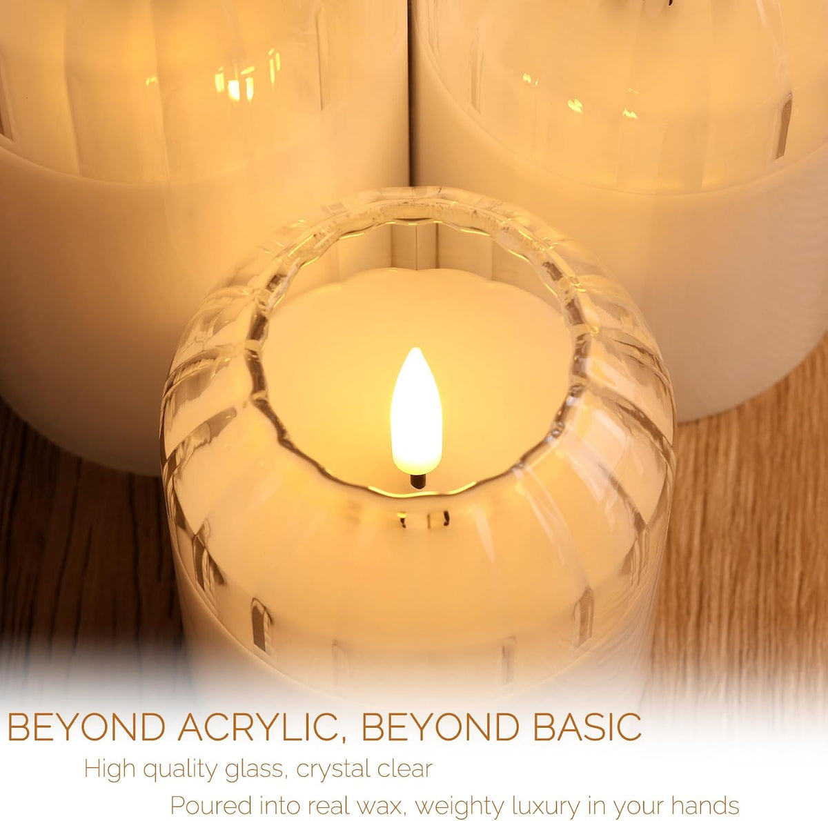 Clear Glass Flameless Pillar Candles with Remote Timer Set of 3 | Flickering LED Candles, Home Shelf Table Accent