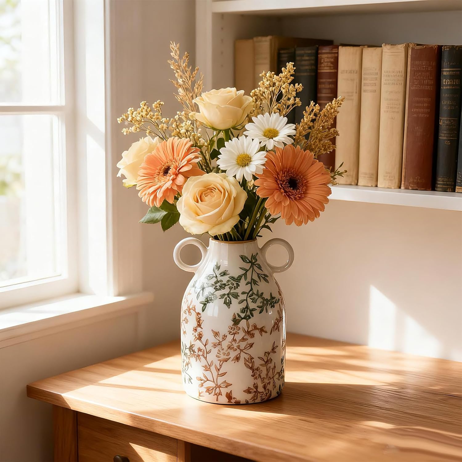 Ceramic Vase / Nordic Boho Small Vases Side Table Flower Centerpiece / Green Floral