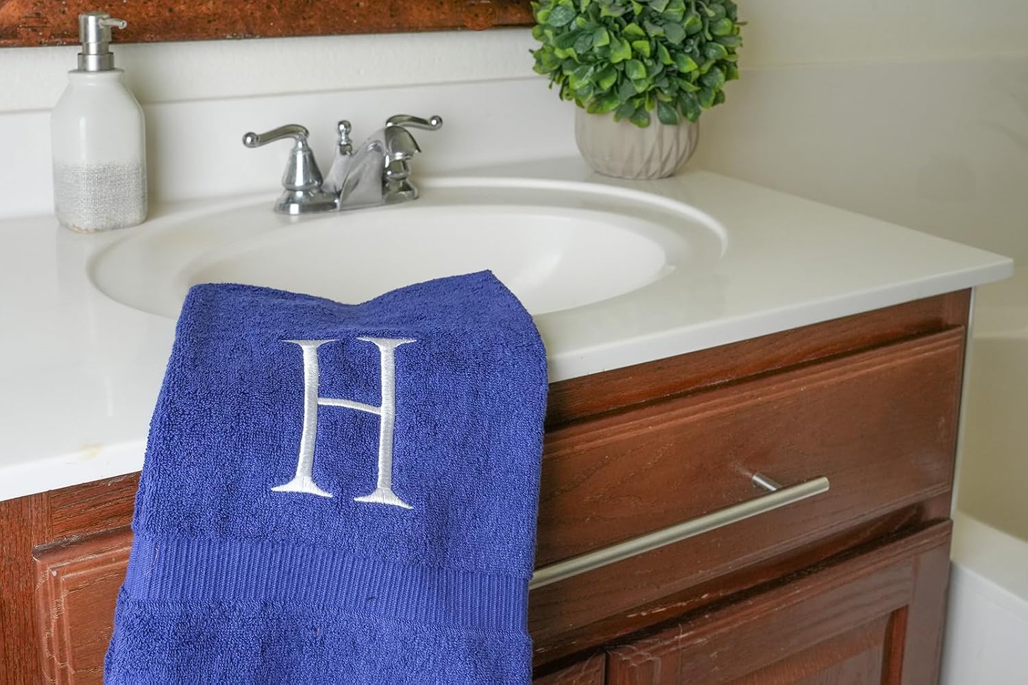 Navy with White Monogrammed Hand Towels for Bathroom - Set of 2 Letter H | Luxury Hotel Quality Initial Towels For
